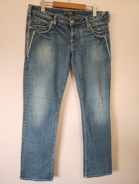Silver Jeans Co. Aiko Low Rise Straight Leg Jeans Heavy Contrast Stitching Sz 33